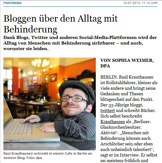 Screenshot eines Artikels, bei dem es mit Raul Krauthausen um das Bloggen pber den Alltag mit Behinderung geht.