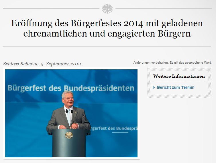 Screenshot von der Seite des Bundespräsidenten mit Joachim Gauck