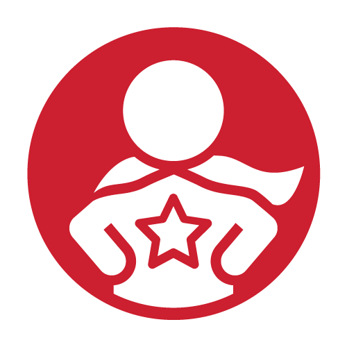 Icon: Roter Kreis und inmitten eine weiße Figur mit Superhelden-Umhang und Stern der Sozialheld*innen auf dem T-Shirt